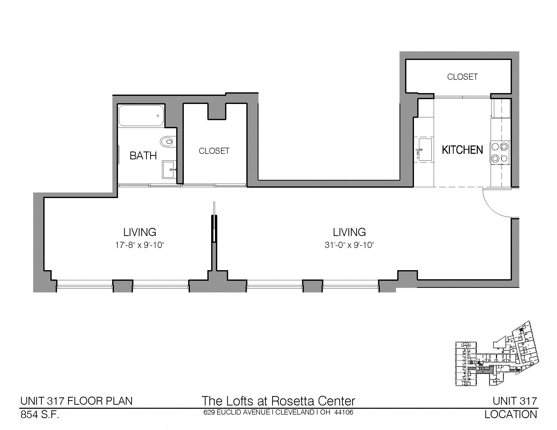 Floor plan for 1 bed, 1 bath, 854 sqft